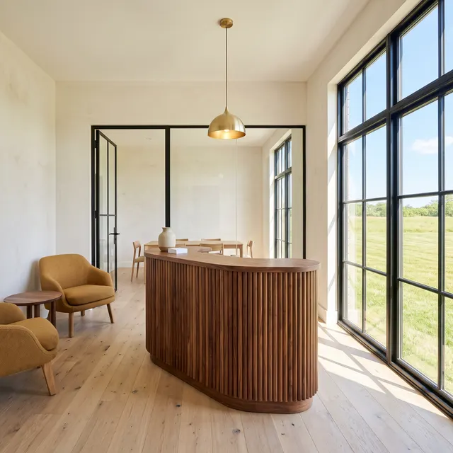 Reception with a curved fluted walnut desk, ochre lounge chairs, a black steel and glass partition and a brass pendant
