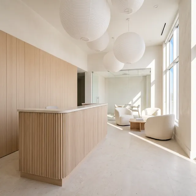 Reception with a fluted pale oak desk and stone top, an oak panelled wall, paper lantern pendants and boucle chairs