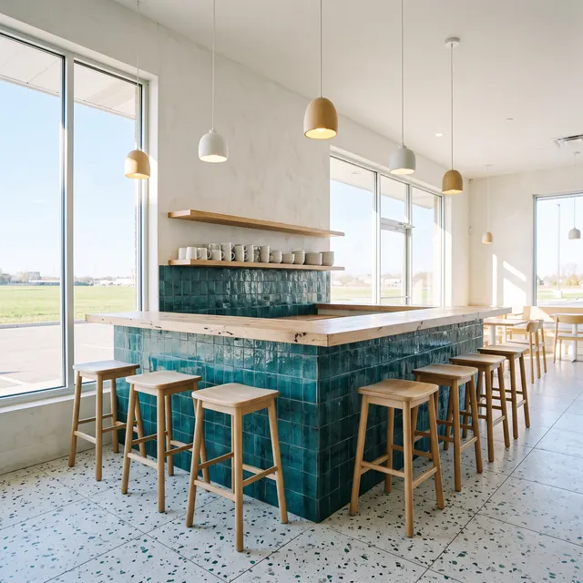 Café counter clad in teal zellige with an oak top and stools, mugs on oak shelves and a terrazzo floor