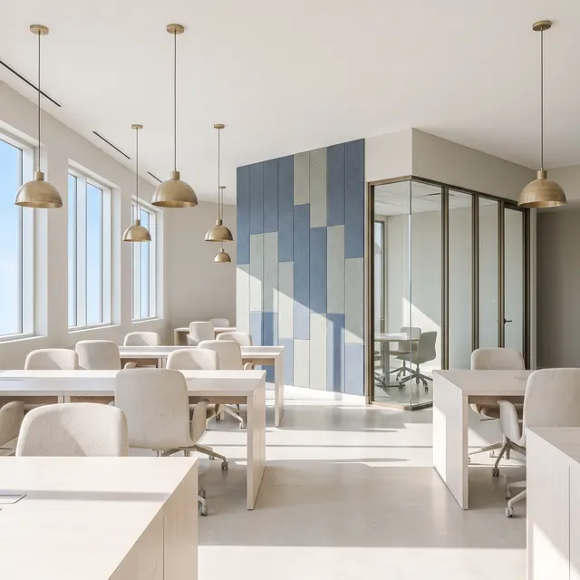 Office floor with rows of pale oak desks and oatmeal chairs, a slate-blue and sage felt wall and a glass meeting room under brass pendants