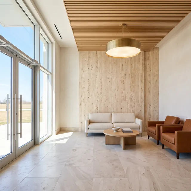 A residential building lobby with a travertine feature wall, an oak slat ceiling, a brass drum pendant and lounge seating by the glass doors