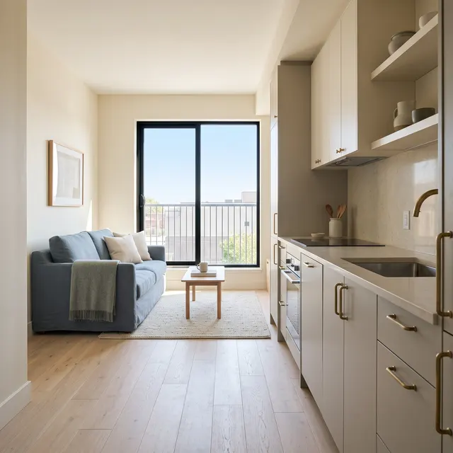 Compact suite with a greige galley kitchen and open shelves, oak floors, a slate-blue sofa and a door to the balcony