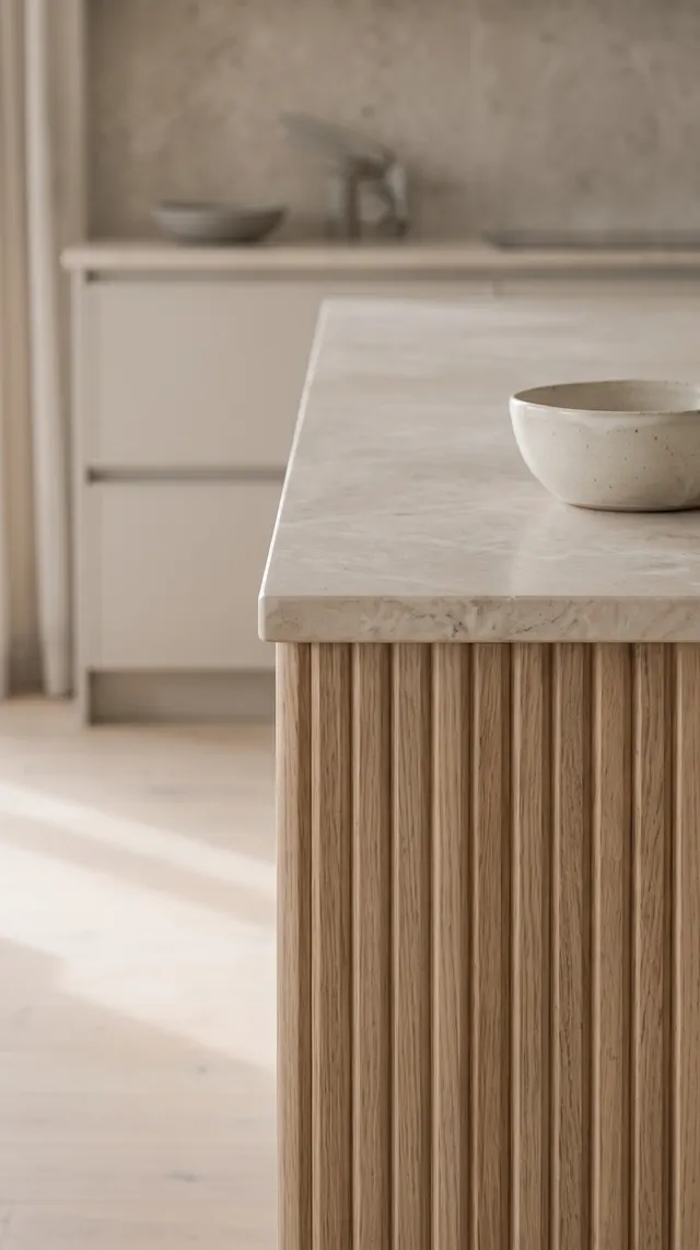 The island’s fluted white oak base under a honed limestone top, with one ceramic bowl
