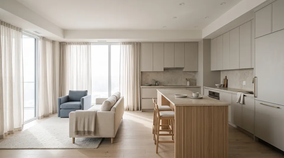 Condo kitchen and living room with greige slab cabinets to the ceiling, an island on a fluted oak base and sheer curtains on tall windows