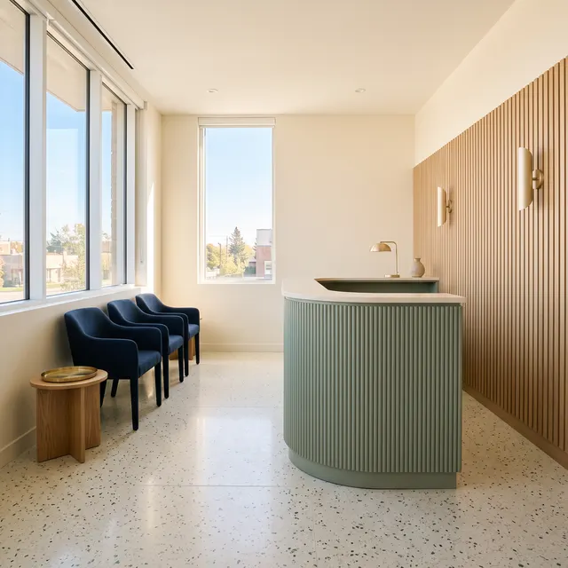 Reception with a curved sage fluted desk, navy waiting chairs, an oak slat wall and brass sconces