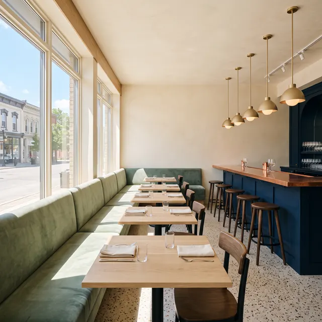 Restaurant with a sage velvet banquette, oak tables and a navy bar with a copper top under brass pendants