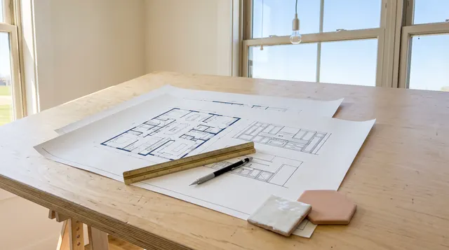Floor plans laid out on a worktable with a pencil, a brass rule and two tile samples