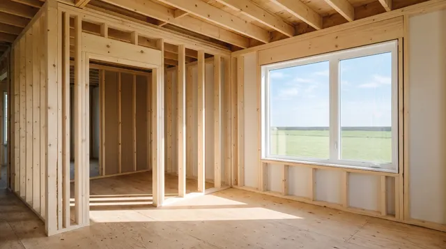 Mid-build: new timber stud walls framed under open joists, with daylight through a window