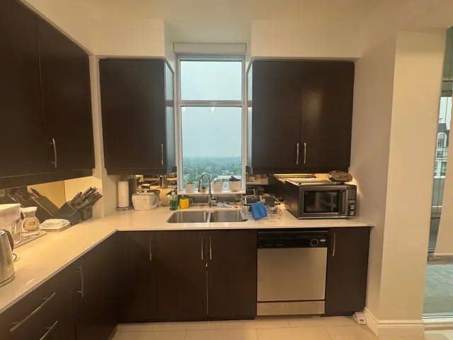 Before: the same condo kitchen with espresso cabinets and a window over the sink, ahead of its colour update