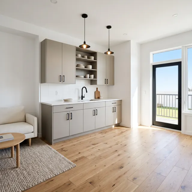 Small kitchen run with greige slab cabinets, a white quartz counter, black hardware and two black pendants beside a balcony door