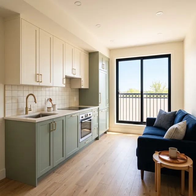 Compact suite with sage lower and cream upper Shaker cabinets, brass hardware, a zellige backsplash and a navy sofa by the balcony door